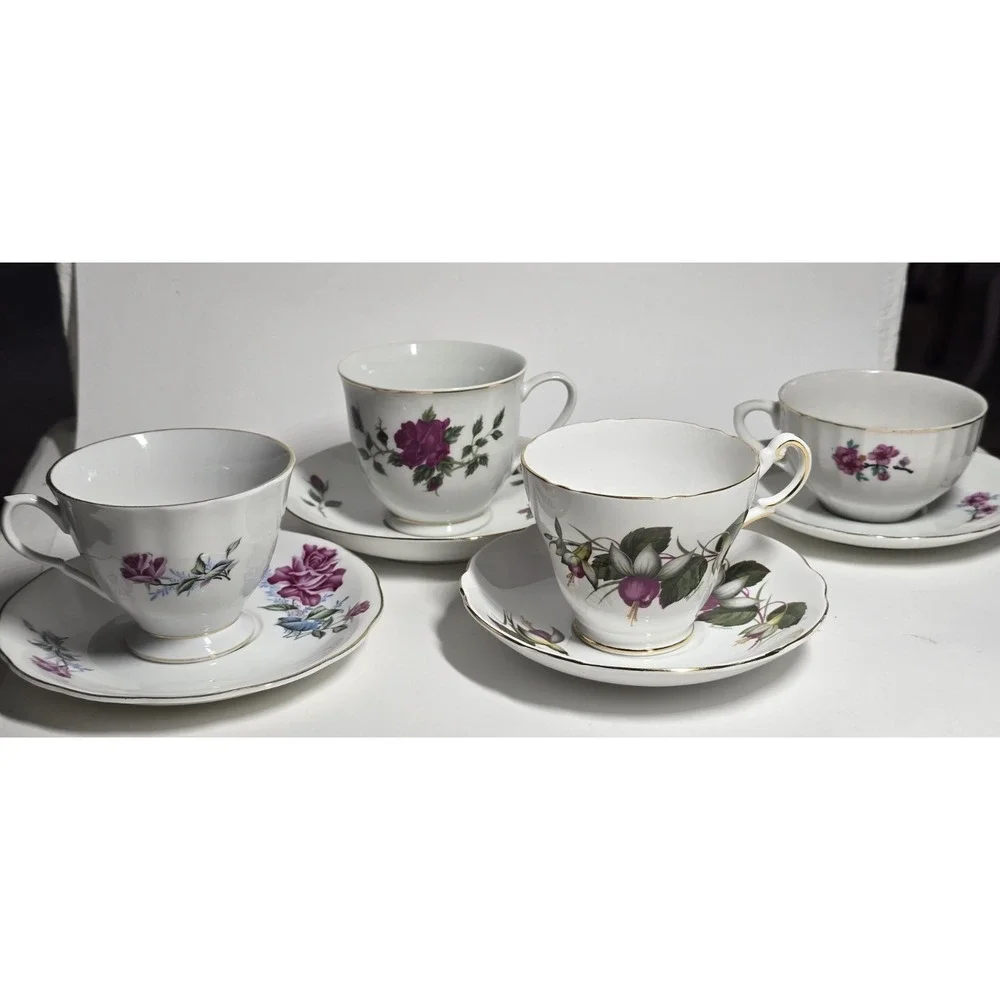 Vintage Floral Teacup Saucer Lot 4 Pink Rose Mismatched China AS IS Small Chips